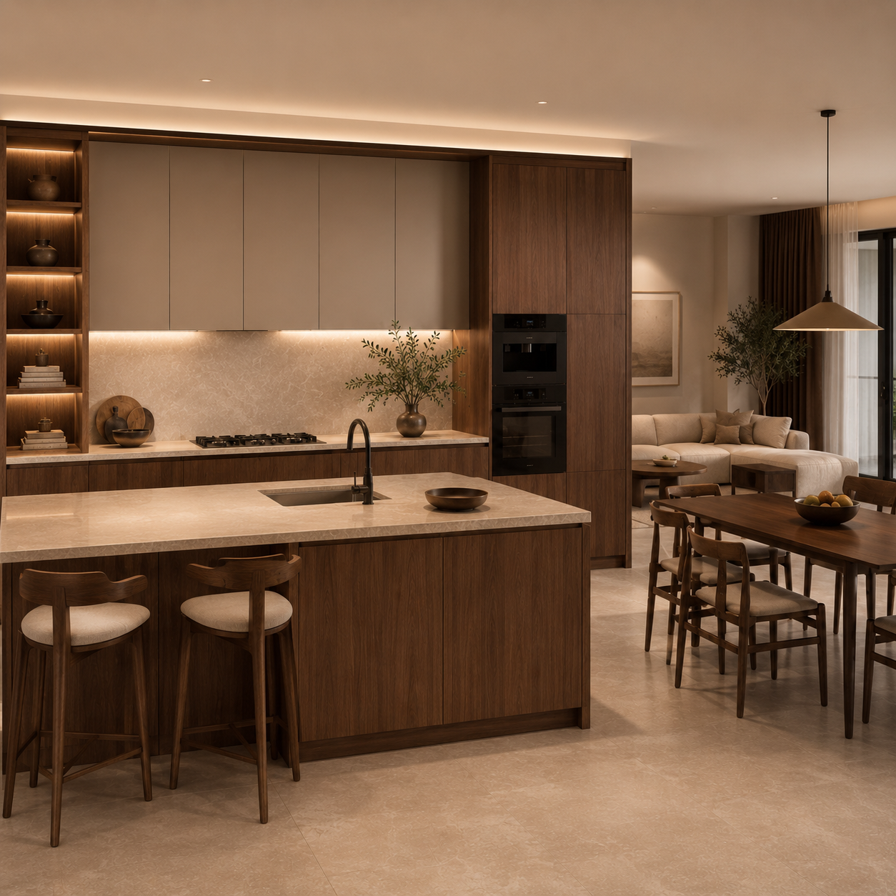 Walnut open kitchen with central island
